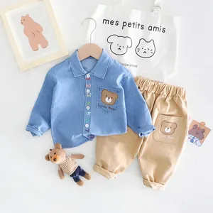 Primavera neonati ragazzi vestiti di cotone 2 pz set bambino Unisex stampa camicia Denim per bambine pantaloni Casual