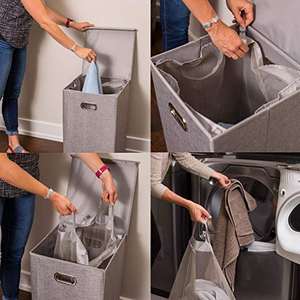 KUYUE مزدوجة سلة الغسيل مع غطاء للإزالة بطانات الكتان يعوق رمادي طوي بن بسهولة النقل الملابس سلة - Product Image 5