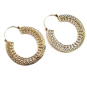 Ethnic Tribal 6-Inch Round Brass Earrings with Pearl and Diamond Indian Mandala <b>Boho</b> Style for Weddings Parties and Festivals - Product Image 3