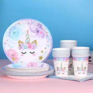 Set Peralatan Makan Pesta Tema Unicorn Ungu Perlengkapan Pesta Piring Kertas Tisu Cangkir Dekorasi Pesta Unicorn untuk 20 Tamu