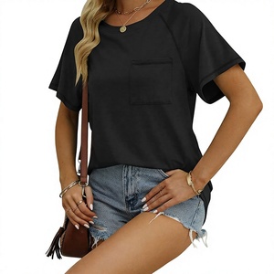Camiseta de Verano para Mujer, Cuello Redondo, 100% Algodón Jersey, Color Sólido, Corte Holgado, Manga Corta, con Bolsillo, en Oferta - Product Image 2