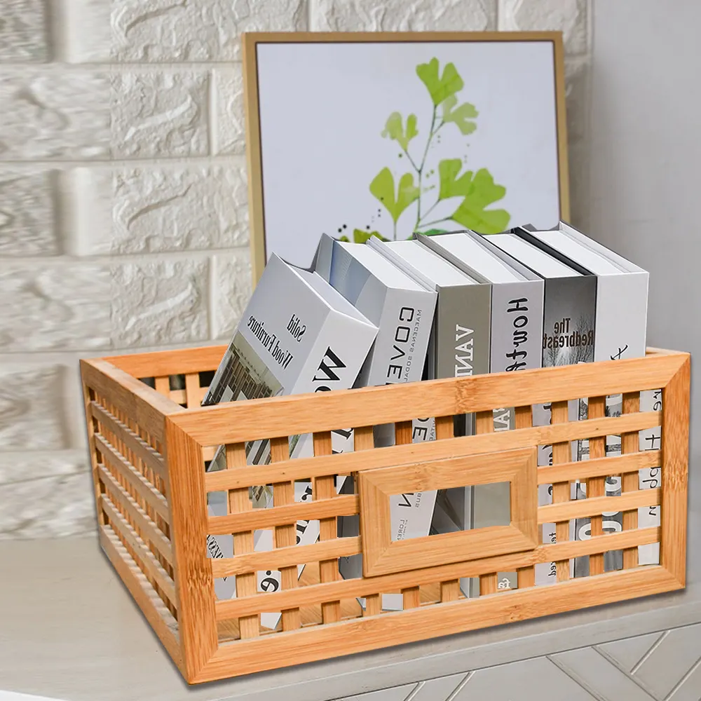 Cesta de armazenamento feita à mão em bambu natural com moldura de madeira, alças, caixa decorativa para organizador de prateleira de mesa de escritório doméstico
