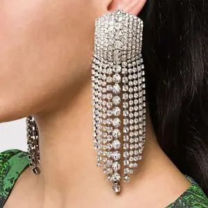 Bling Fashion Jewelry Crystal Diamond Chain Rhinestone Tassel Long Gold Plated Post Earring For Women