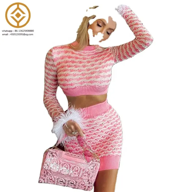 Rose rayé tricoté pull jupe ensemble femmes deux pièces ensembles femmes tenues automne hiver Sexy tenue de club