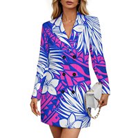 Robe Blazer Mini sur Mesure à Motifs Floraux Tropicaux Polynésiens, Col Revers, Manches Longues, Double Boutonnage, Vêtement pour Femme, Idéale pour Affaires, Banquets et Événements Sociaux