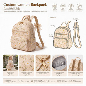Custom <b>Women</b> <b>Backpack</b> Vintage Floral Print PU Leather Square Shape Adjustable Shoulder Strap Lightweight Daily Use - Product Image 1