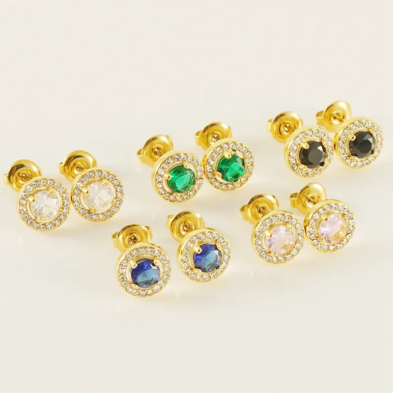 Fine jewelry earrings stainless steel zircon turquoise round stud earrings luxury 14k designer women's earrings