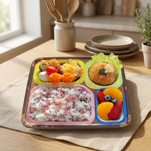 Yumesai Gozen Colorful 4-Compartment PPF & OPS Bento <b>Tray</b> with Rice and Fruit for Kids Meals Food Storage - Product Image 1
