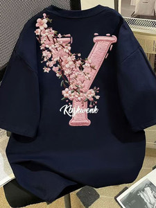 T-shirt Oversize Unisex in Cotone Pesante 300gsm con Stampa Floreale Sakura e Lettera <span class=keywords><strong>Y</strong></span> Grande Personalizzata, Traspirante, per Coppia - Product Image 2
