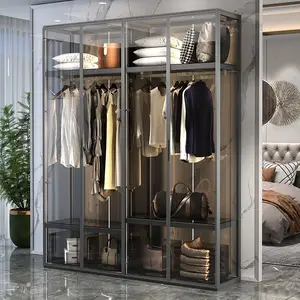 European Style Wardrobe Closet Bedroom Sliding Mirror Glass Door Wooden Wardrobe Closet