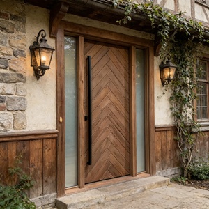 Porte d'entrée en teck massif de luxe, porte pivotante extérieure moderne à chevrons avec vitre latérale dépolie pour villa de luxe - Product Image 3