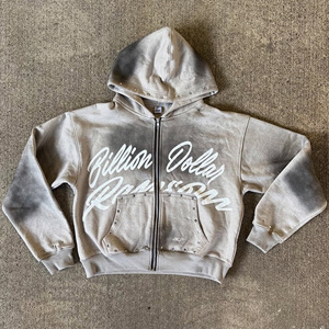 Faded 400 Gsm Streetwear Graphic Heavyweight Acid Wash Zip Hoodie 100% Cotton Unisex Boxy Custom Zip Up Rhinestone Hoodie - Product Image 1