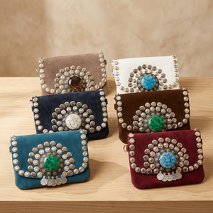 Bolso bandolera de gamuza verde con adornos de piedras turquesa y detalles de flecos, estilo moderno para mujer - Product Image 2