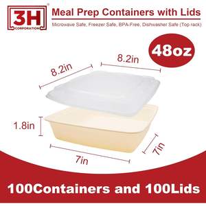 กล่องเตรียมอาหาร 3H ขนาด 48 ออนซ์ แพ็ค 100 ชิ้น, กล่องใส่อาหารแบบสี่เหลี่ยมพร้อมฝาปิด 200 ชิ้น, ปลอดสาร BPA, ใช้กับไมโครเวฟ/เครื่องล้างจาน/ช่องแช่แข็งได้ - Product Image 2