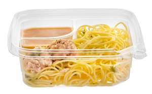 Bandeja de comida PET transparente reciclable en relieve con divisor y bloqueo para Fideos Capacidad de 21 oz - Product Image 5