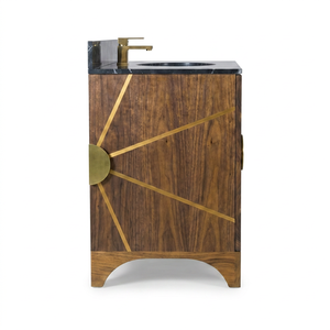 Meuble-lavabo moderne en bois massif avec incrustations dorées, design rectangulaire, sur pied, finition foncée, vasque en pierre, style contemporain - Product Image 1