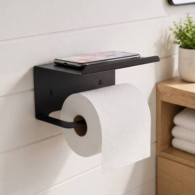 CF Matte Black One Piece Bent Toilet Paper Holder Wall Mount Integrated Phone Shelf Smartphone Stand Compact Bathroom Hardware