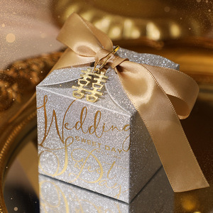 Nuova Scatola Regalo per Confetti Matrimoniali Oro <span class=keywords><strong>e</strong></span> Argento Glitterata Porta Cioccolatini per Feste di Anniversario con Perla <span class=keywords><strong>e</strong></span> Nastro per Ospiti - Product Image 2