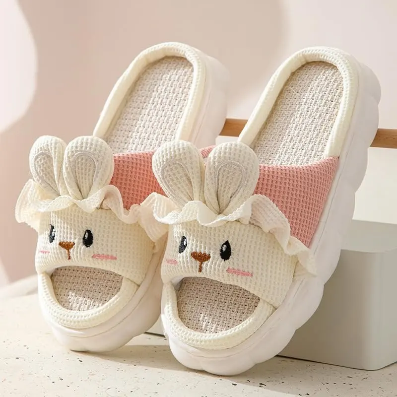 Fashionable Cute Rabbit Lace Slippers  Bear Linen Slippers  Animal Slippers  Summer Cotton Linen Home Shoes 