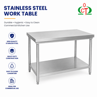 Meja Persiapan Dapur Komersial dengan Permukaan Stainless Steel, Rak Bawah Terbuka, 4 Kaki, Kaki yang Dapat Disesuaikan, Tahan Karat, Desain Higienis