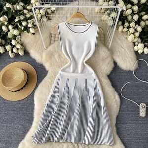 Latest Design Summer Fairycore O-neck Tunic Knit Midi <strong>Dress</strong> for Women <strong>Sleeveless</strong> Empire Fringe <strong>Lace</strong> <strong>Dress</strong> <strong>Black</strong> White
