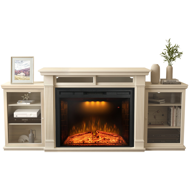 Luxstar 84 Inch TV Stand Wood Media Entertainment Center Mantel With Storage Cabinet Adjustable Shelves 36" Fireplace Insert