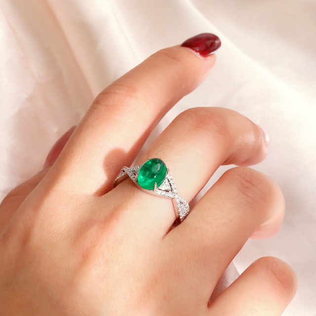 Oval Cabochon Lab Grown Emerald Ring Emerald Jewelry Ring Gemstone Rings 925 Sterling Silver