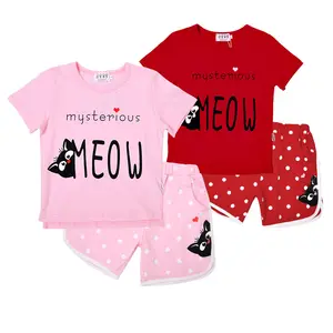 Children kids summer clothes sets t-shirts and shorts for boys and girls cat design pajamas