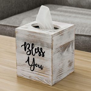 Bless You Shabby Whitewashed Wood Square Tissue Box Holder Cover