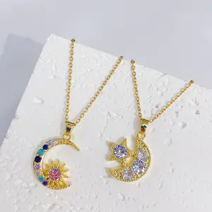 Moda Banhado A Ouro 18k Colar Moon Star Pingente Colar Ajustável Micro Pave Colored Zircon Diamond Necklace