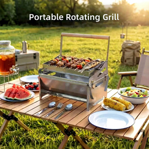 Barbecue portable à charbon de bois avec broche rotative, support de barbecue détachable, pliable pour camping et pique-nique en extérieur - Product Image 1