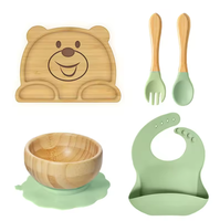 Ensemble d'alimentation pour bébé en silicone et bambou, assiette à dîner à motif animalier, bol à ventouse et bavoir, bol d'alimentation facile à nettoyer, assiette pour bébé en bambou à motif animalier
