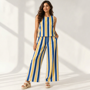 Conjunto coordinado de viscosa a rayas azules y amarillas para mujer – Top sin mangas y pantalones de pierna ancha, atuendo de verano y primavera - Product Image 1