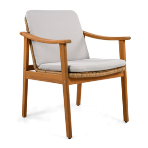 Modern Outdoor Dining Chairs Set of 2 Teak Color Acacia Wood <b>Frame</b> Brown PE Wicker <b>Grey</b> Waterproof Cushion for Home & Hotel Use - Product Image 6