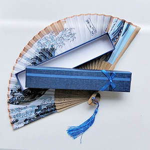 Laser Logo Japanese Style Boxed Bamboo Silk Folding Hand Fan With Tassel Bamboo Crafts