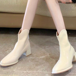 Botines Blancos de Mujer Otoño Invierno 2026, Punta Cuadrada, Tacón Grueso, Forro de Felpa, Cierre Trasero con Cremallera, Tacón Alto, Color Nude - Product Image 1