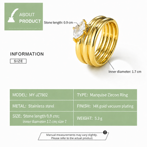 แหวนเพทายทรงมาร์คีส์ สแตนเลสสตีล ชุบทอง 14K แบบสุญญากาศ เครื่องประดับสีทอง - Product Image 4