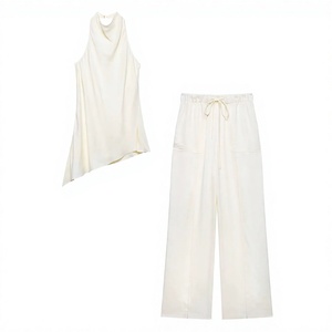 Conjunto de 2 piezas para mujer, top asimétrico sin mangas y pantalones anchos, crepé modal liso, corte holgado, estilo minimalista para todas las estaciones - Product Image 4