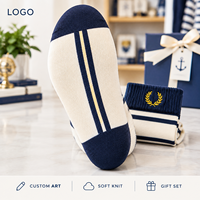 Chaussettes fantaisie brodées à motif rayé bleu marine et crème, vente en gros, artwork tricoté, OEM, marque privée, échantillonnage en vrac, emballage