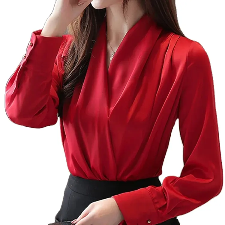 Col en V profond Satin Blouses femmes chemises en mousseline de soie solide élégant femme bureau montre de sport blanc rouge dames vêtements Satin Blouse