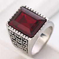 Bague de mariage au design vintage en acier inoxydable rectangulaire avec rubis rouge bleu saphir bague signet en titane pierres précieuses naturelles