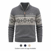 Pull en tricot gris à motif flocon de neige nordique pour homme avec logo personnalisé, mélange de laine, col zippé 1/4, pour l'hiver, décontracté