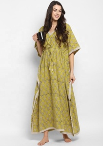 Flora Look Amarillo Beige Bloque de mano Impreso Kaftan Cuello en V Atar Cintura Tejido Ecológico Algodón transpirable - Product Image 2