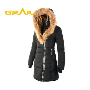 Giacca parka in piumino da donna in piuma d'oca invernale calda con collo lungo in pelliccia stile europeo