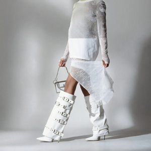 Botas Blancas hasta la Rodilla, Estilo Occidental, Tacón de Aguja, Punta Puntiaguda, Decoración con Hebilla, Botas de Vestir para Mujer - Product Image 3