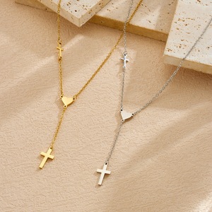 Cross-shaped Long Chain Tassel Necklace Gold Plated Stainless Steel Heart Pendant Daily Wear Gift Jewelry - Product Image 3