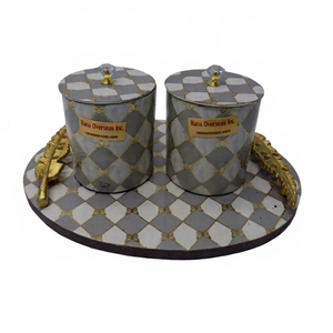 Bol de service à collation en métal de luxe turc avec couvercle et plateau en bois sculpté, pot de rangement moderne imprimé - Product Image 1