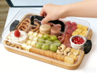 Planche à découper en bambou avec couvercle en acrylique verrouillable, plateau de service pour fromages et charcuteries, pique-nique, camping, extérieur, plateau à fromages