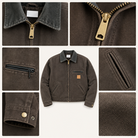Veste de travail OEM vintage en toile délavée, col en velours côtelé de coton épais, poches zippées, manteau utilitaire robuste