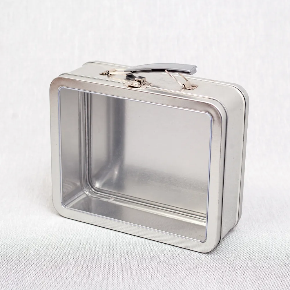 Scatole di pranzo vuote rettangolari della latta del metallo d'argento normale rettangolare della scatola di latta dello strumento della valigia del commestibile di stampa su ordinazione all'ingrosso con la finestra